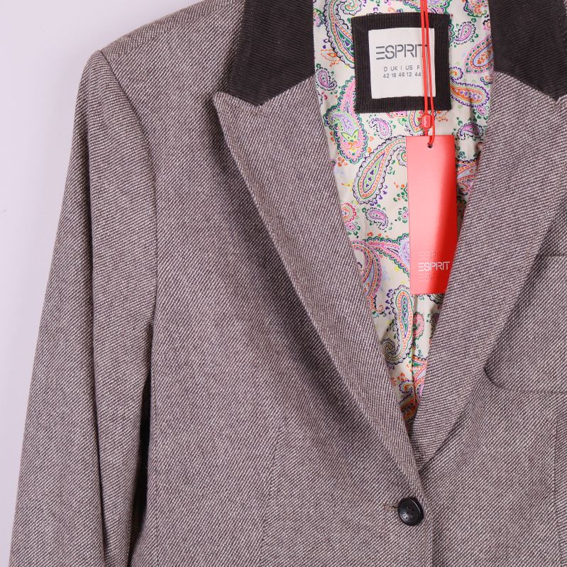 Framstycke på blazer med mörk krage och mönstrat foder