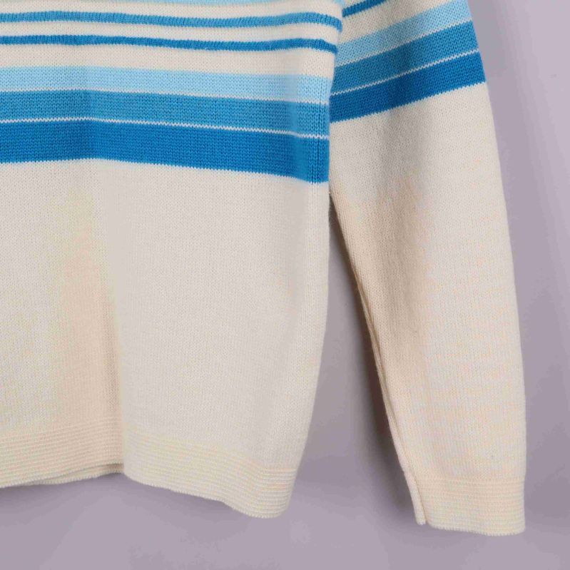 Närbild på höger ärm av stickad tröja