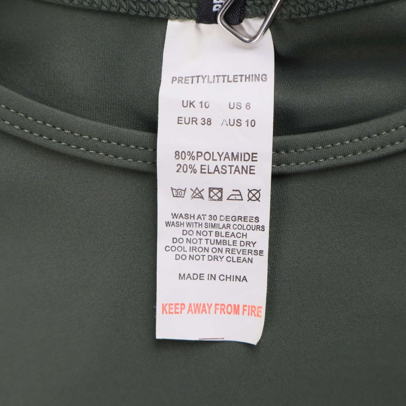 Materialetikett visar 80% polyamid och 20% elastan