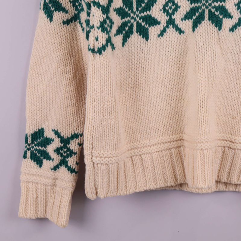 Närbild på nederkant och ärm med grönt mönster