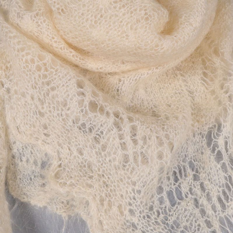 Närbild på ljus spetsstickning och struktur i sjalen