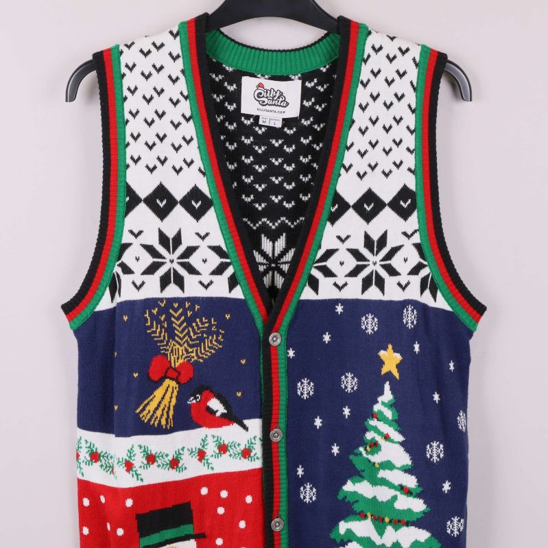 Detaljbild av överdelen på mönstrad julväst