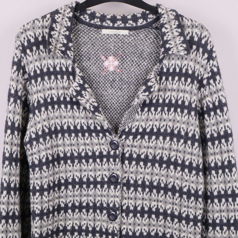 Närbild på koftans knäppning och krage