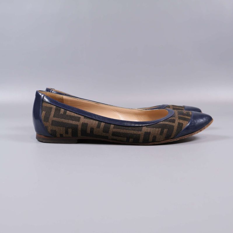 Sidan av ballerinaskor med blå och brun design