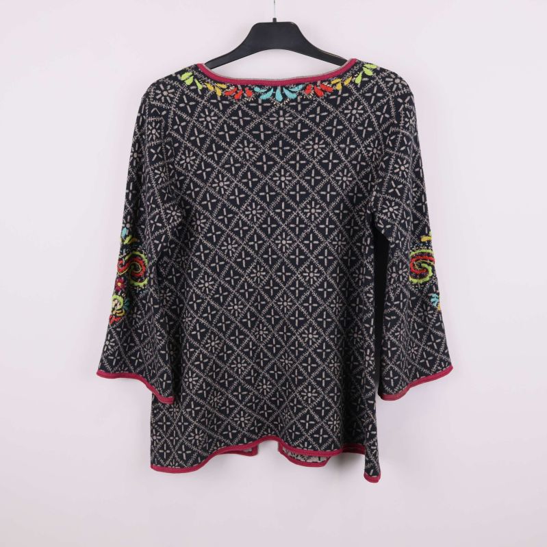 Ryggsidan av kofta med grafiskt mönster och brodyr