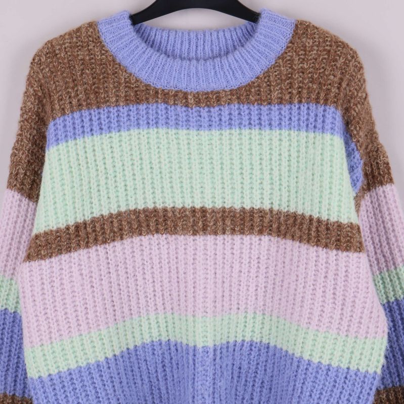 Närbild på halsringning och axel på stickad tröja