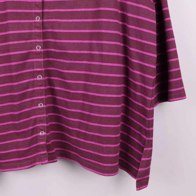 Närbild på knapprad längst ned på randig topp