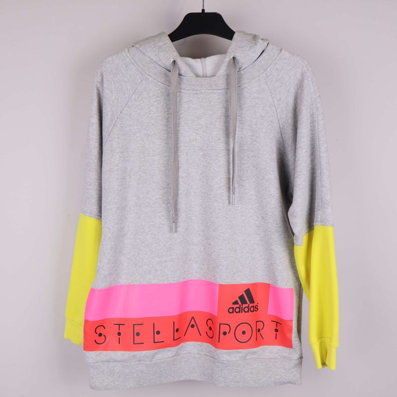 Hoodie med grå bas, gula ärmar och färgglad nederkant