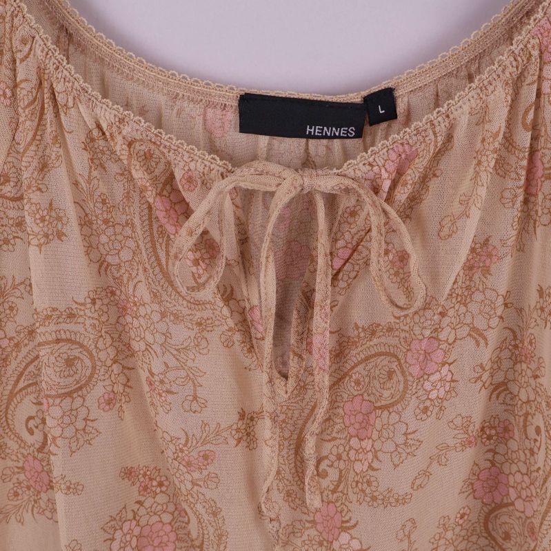 Närbild på halsringning och paisleymönster samt knytband