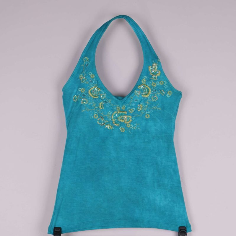 Turkost halterneck-linne med broderi och paljetter framtill