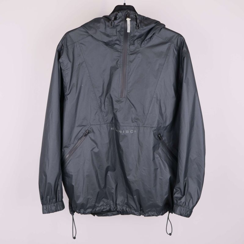 Mörkgrå vindjacka med huva på galge