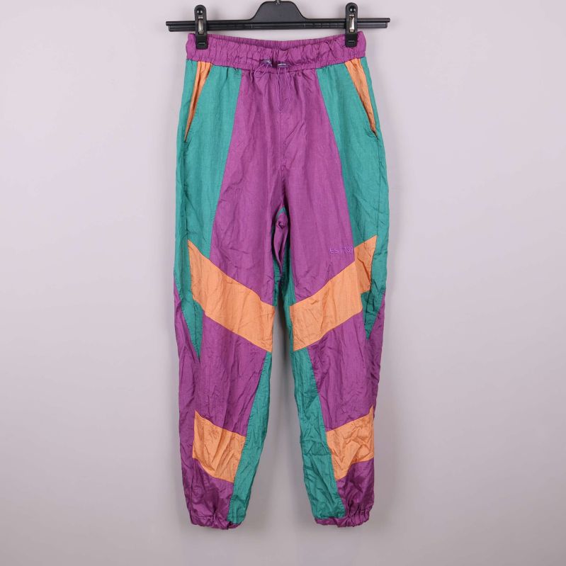 Flerfärgade retrobyxor med lila, grönt och orange mönster