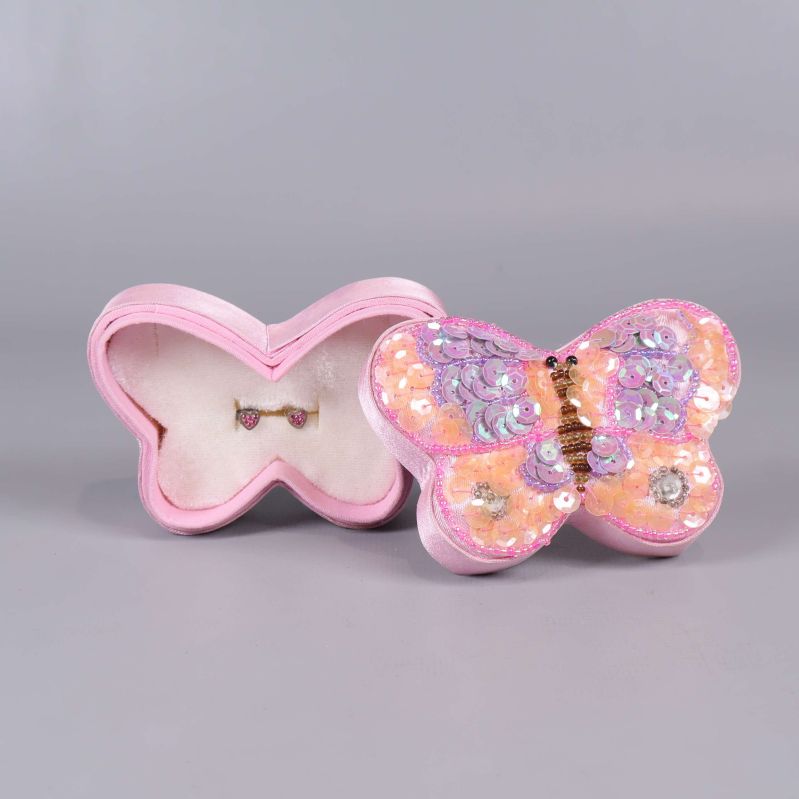 Fjärilsformad ask i rosa med glittrande paljetter och örhängen inuti