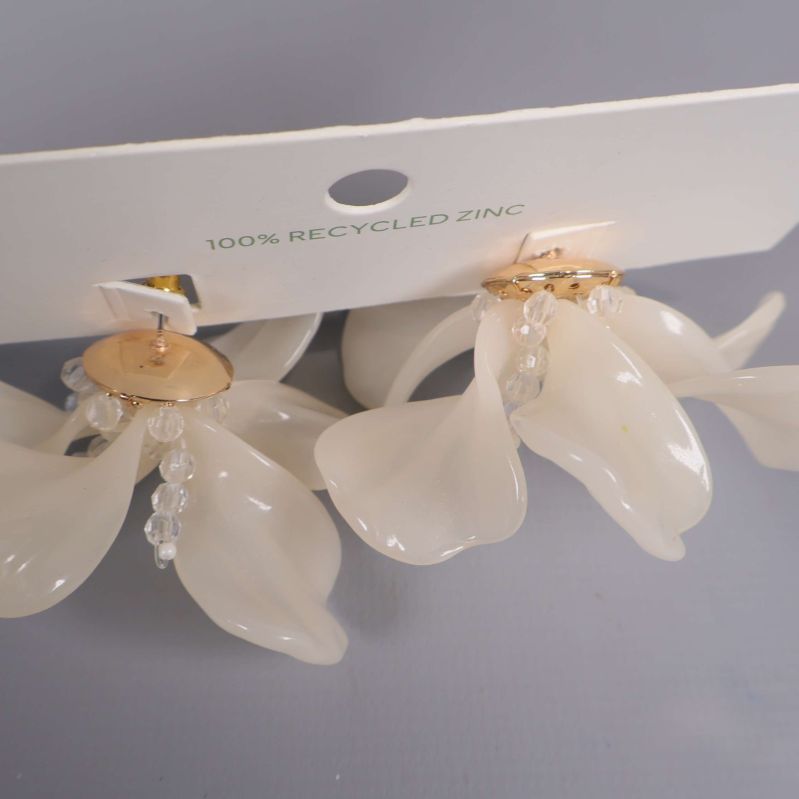 Närbild på örhängenas blomblad och guldplatta