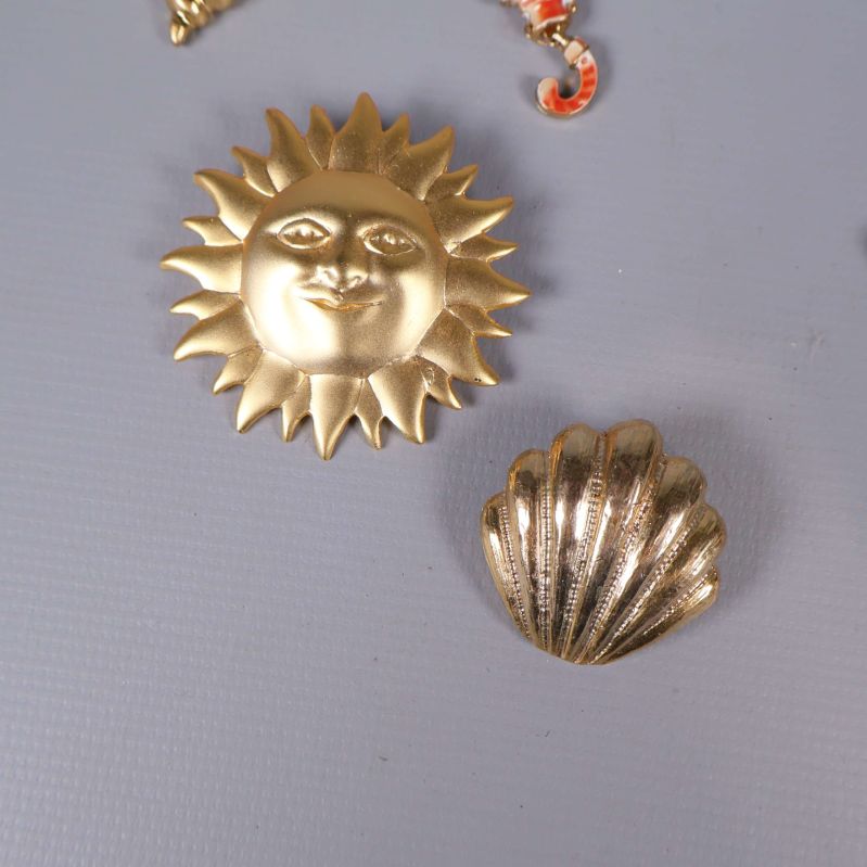 Broscher i form av guldig sol och snäcka