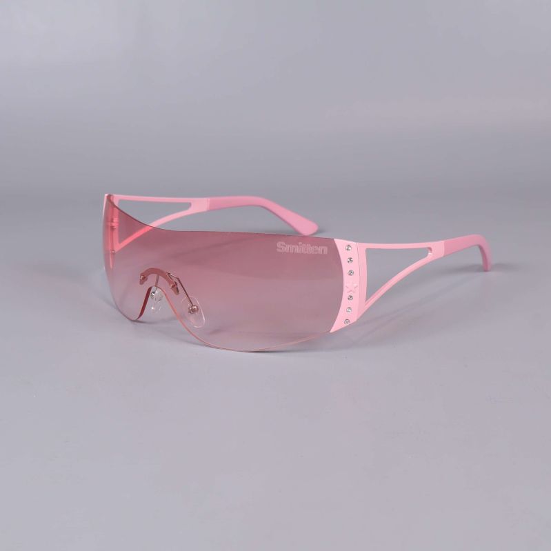 Solglasögon med rosa båge och tonat visirglas med dekorstenar