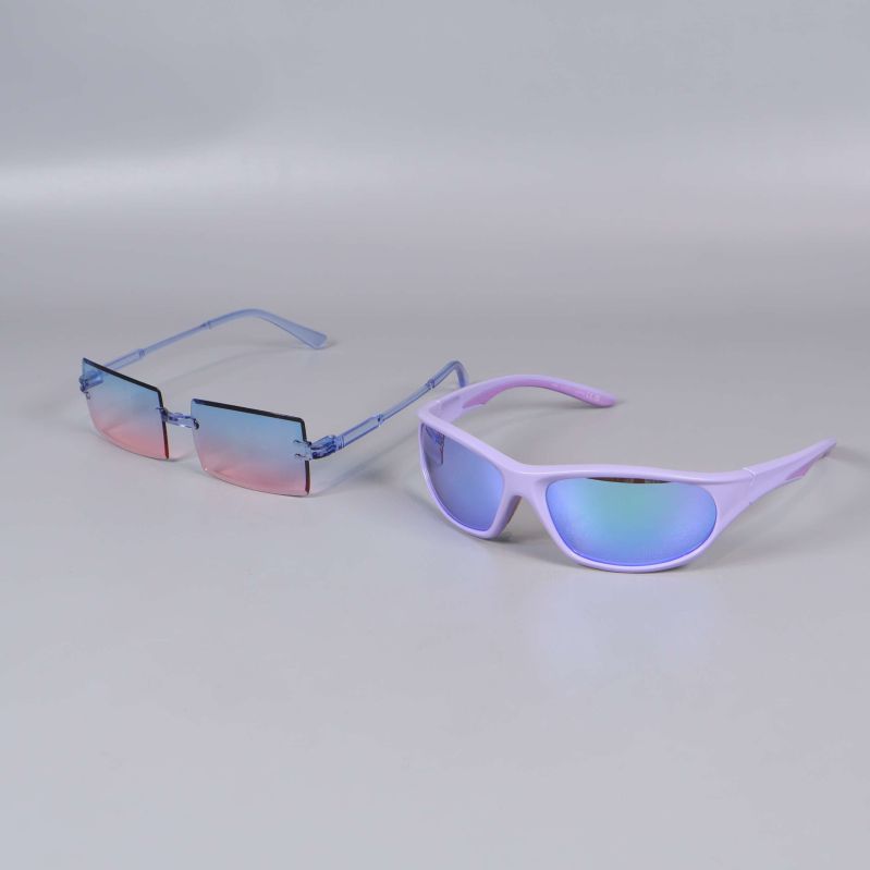 Solglasögon med rektangulär och sportig form, blå och lila färg