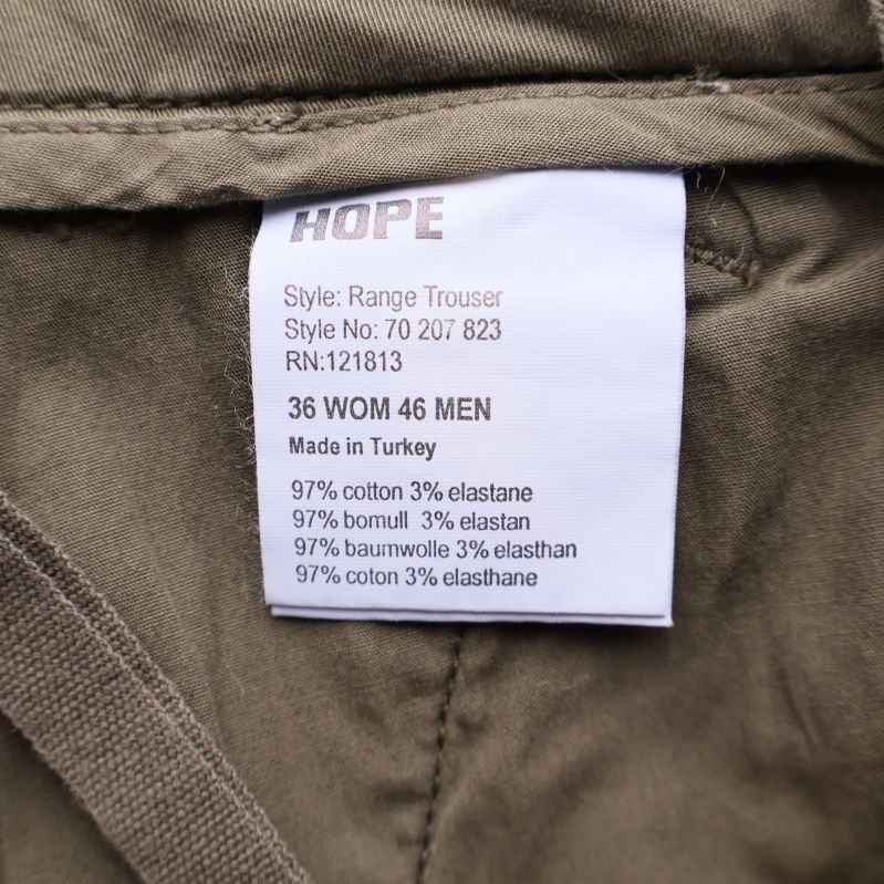 Material- och storleksetikett för Hope Range Trouser