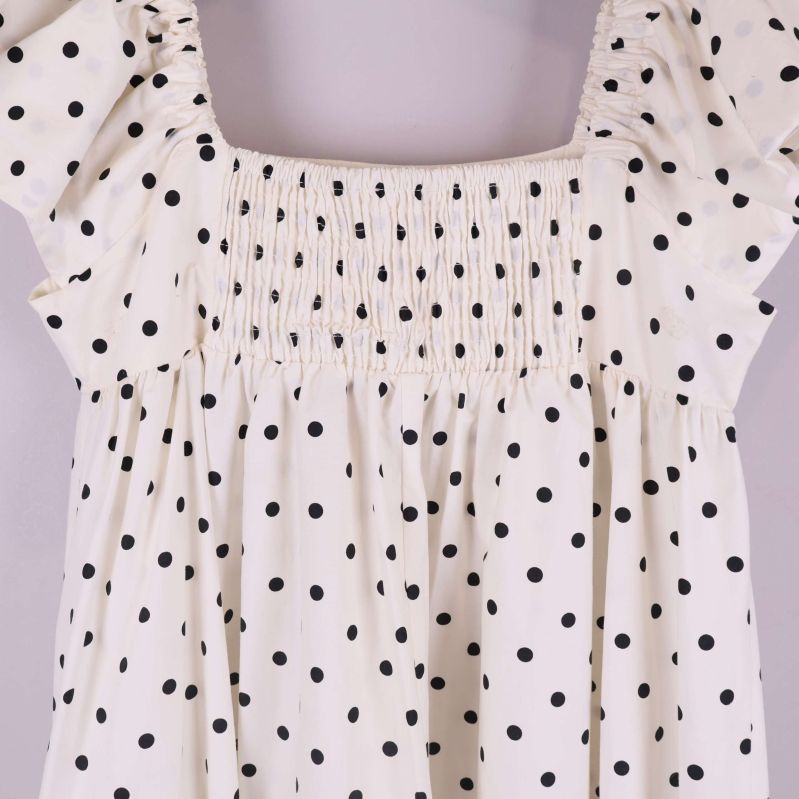 Närbild på smockad fyrkantig halsringning med prickar