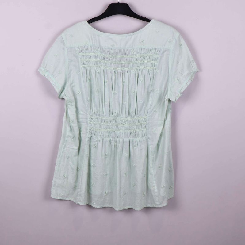 Baksidan av ljusgrön blus med smock och broderier