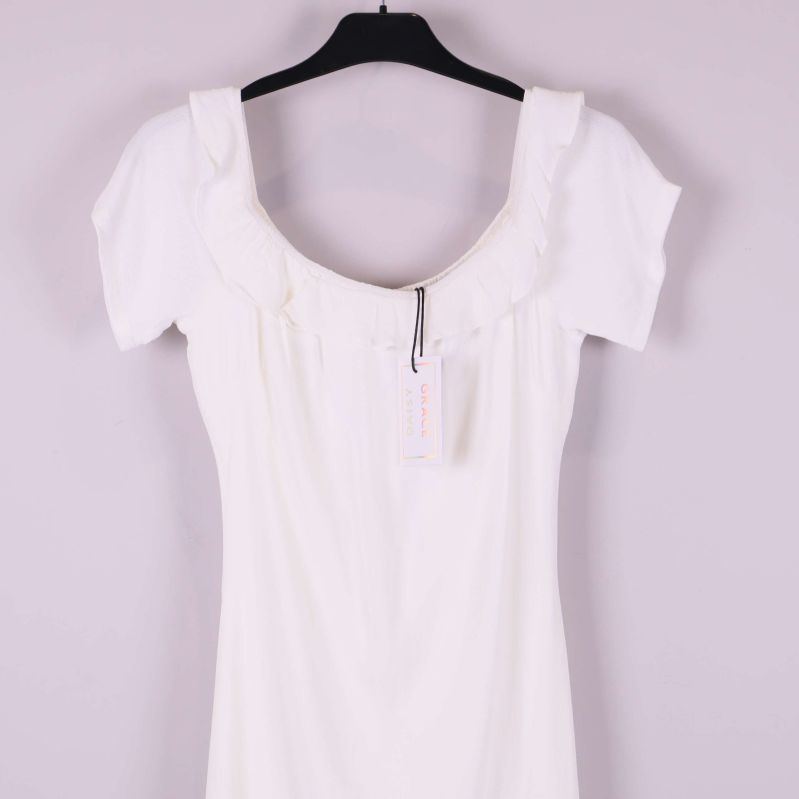 Närbild på halsringning och volangdetaljer