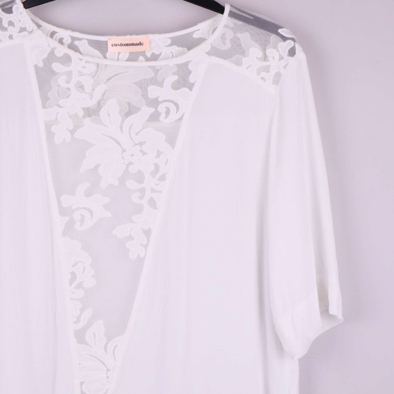 Detaljbild på axel och ärm med spetsmönster