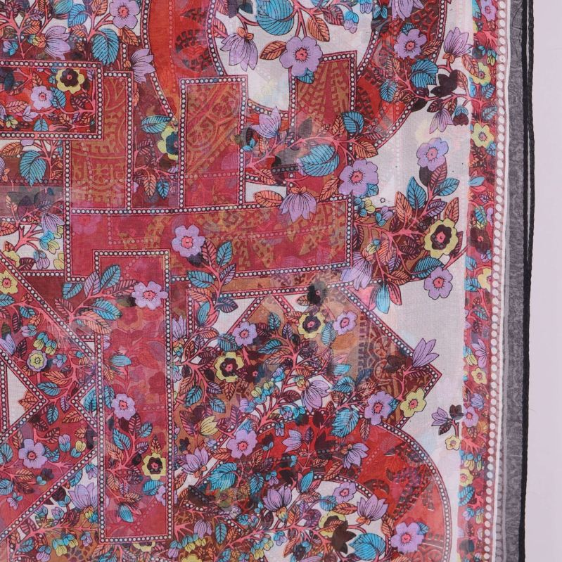 Detaljerad närbild som visar tätt blommönster och röda accenter