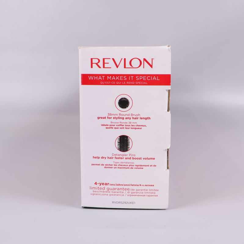 Sida av Revlon-kartong visar borsttyp och funktioner