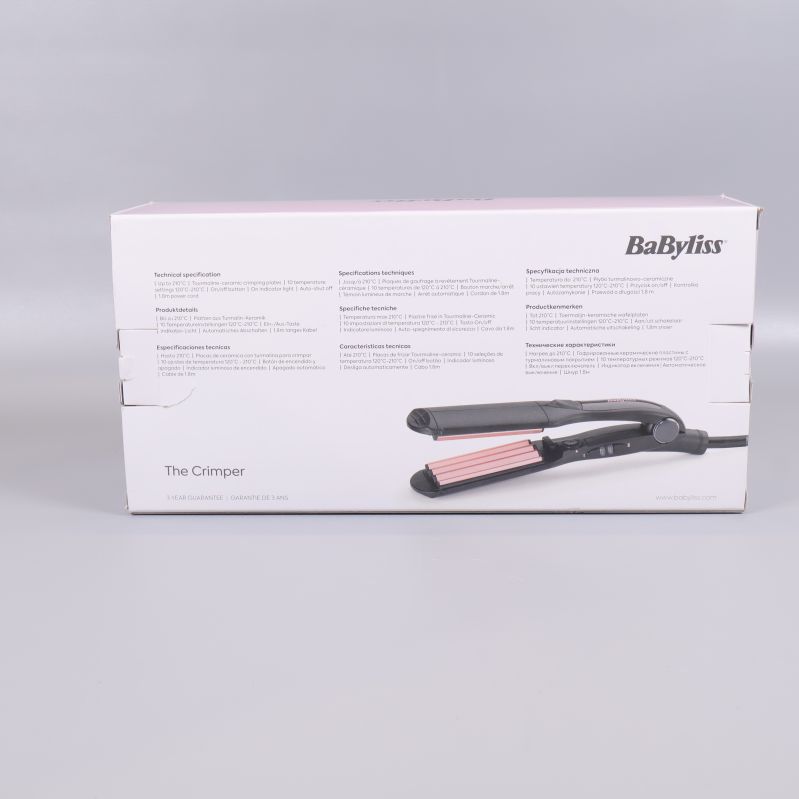 Baksidan av BaByliss produktkartong med produkttext och specifikationer