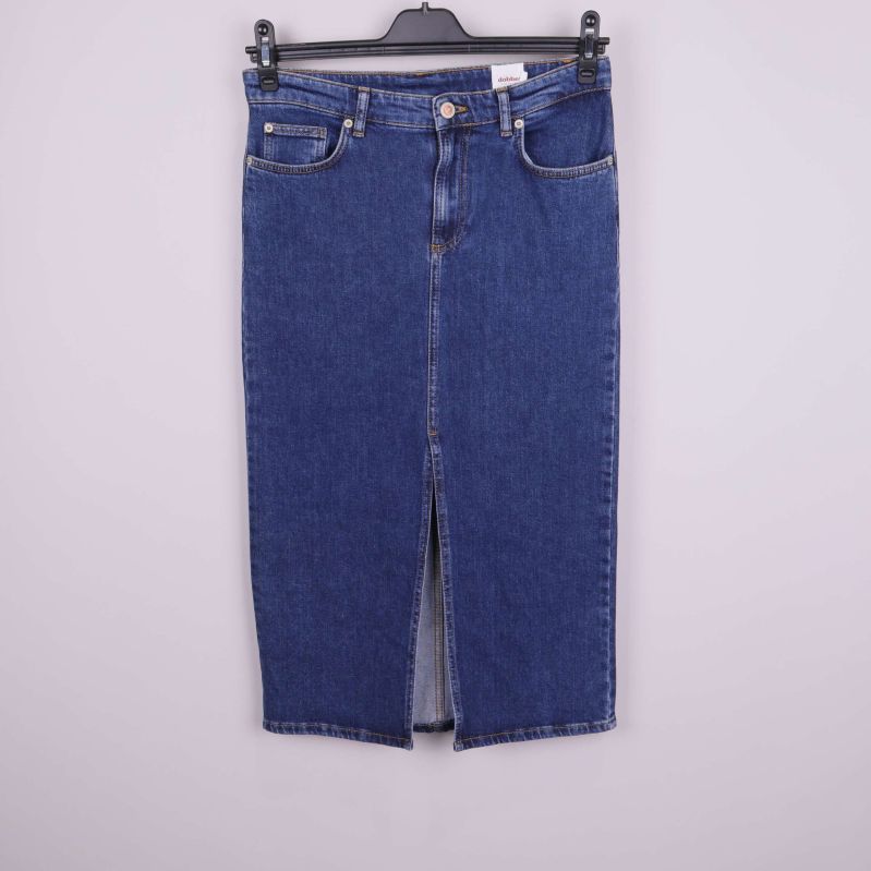 Rak blå denimkjol med slits framtill upphängd